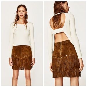 Zara suede leather fringe skirt
